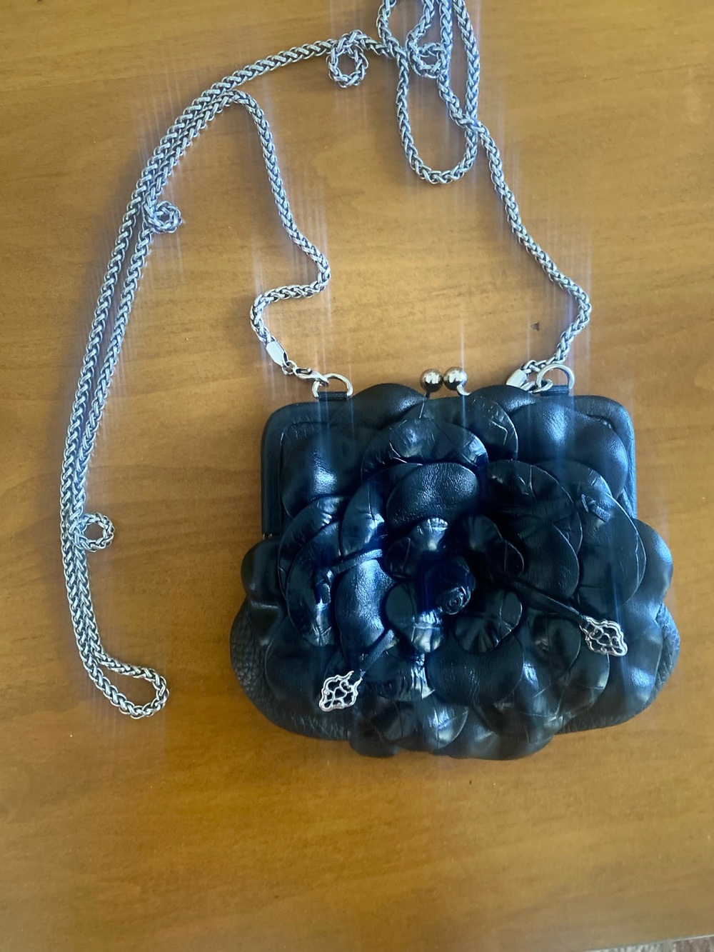 Brighton Black Floral Leather Crossbody with Silver Chain